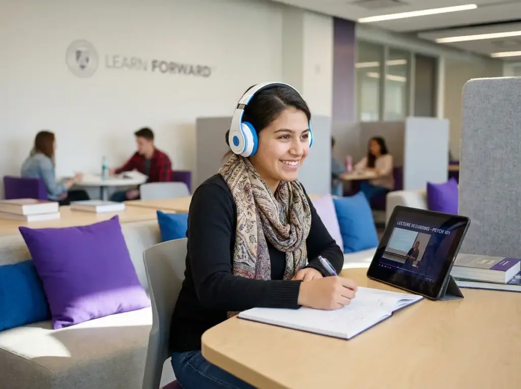 Learner wearing headphones during a listening class