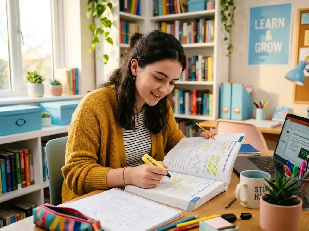 Learner reading a book among library shelves, IELTS reading class