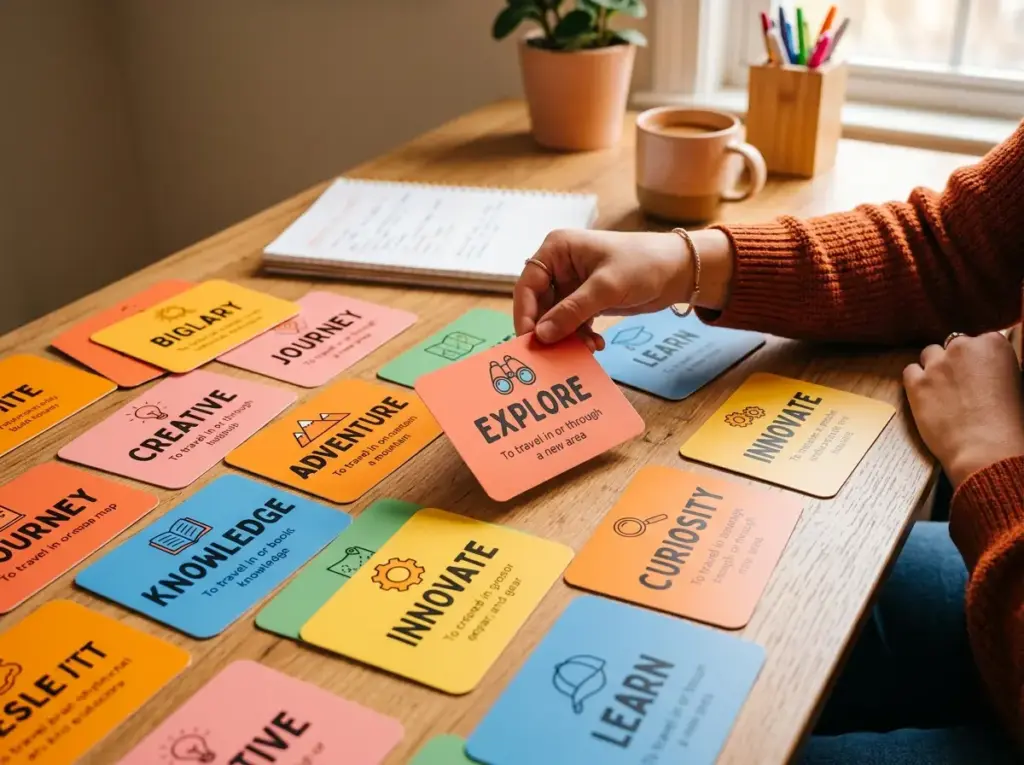 Colourful vocabulary word cards arranged on a table