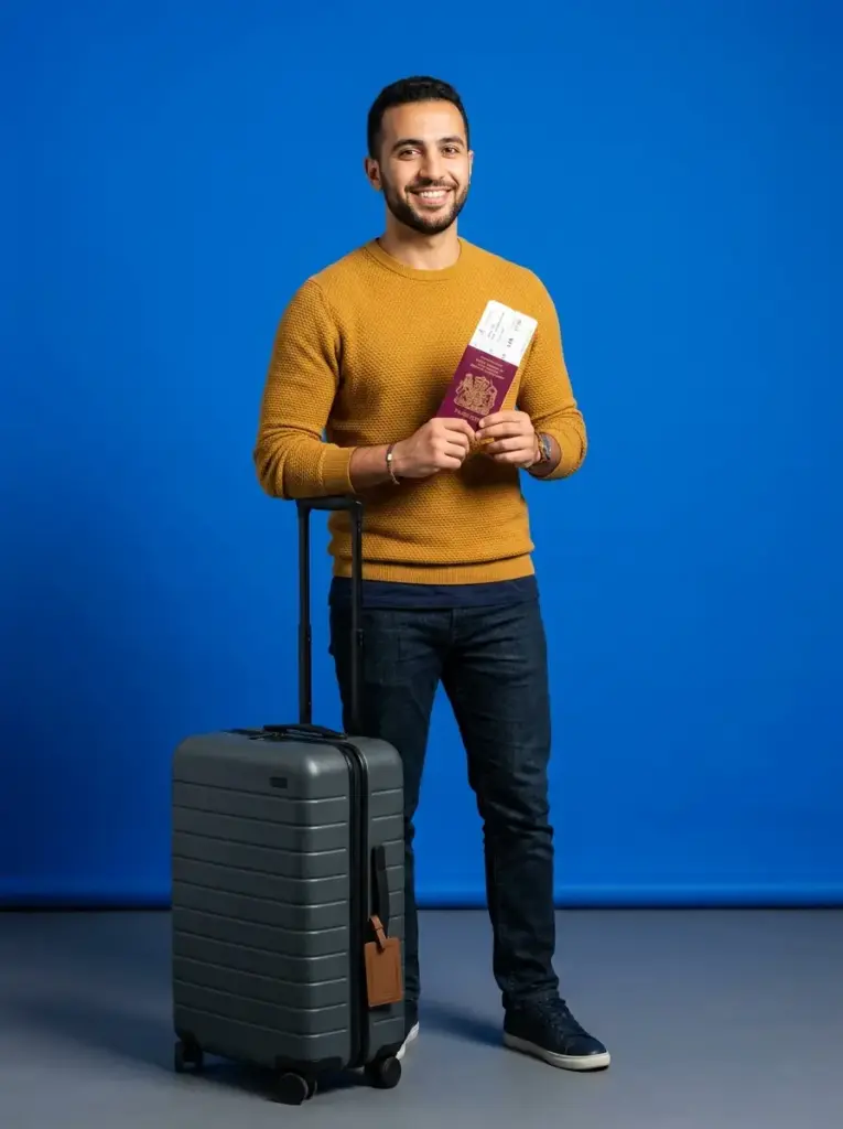 Traveller holding a passport beside a suitcase, immigration course