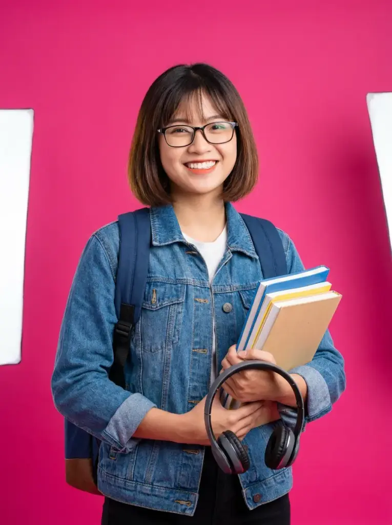 Student in a denim jacket holding textbooks, study abroad course