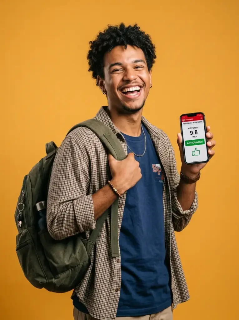 Student with a backpack holding a phone, university pathway course