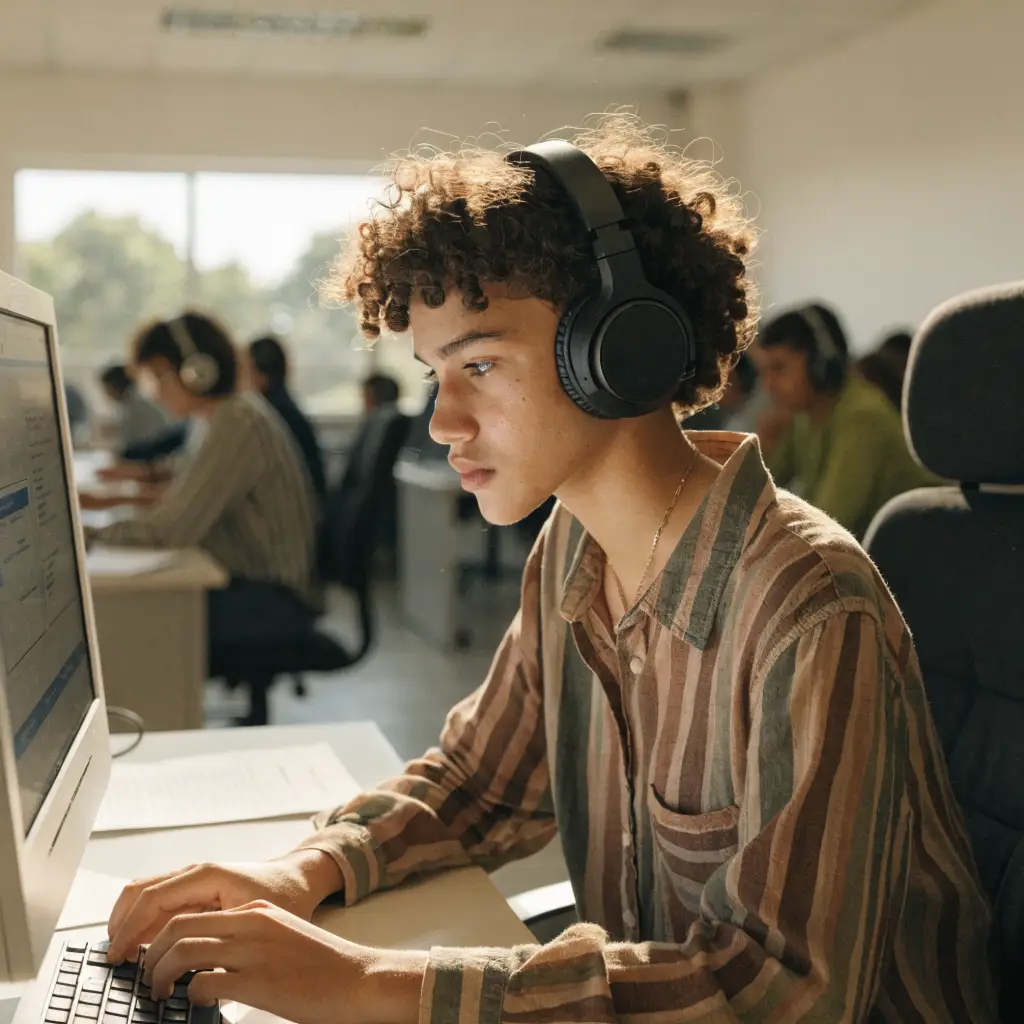 Learner wearing headphones working at a laptop, listening practice