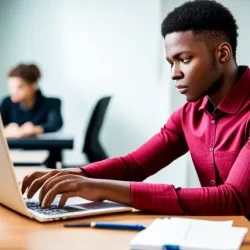 An image of a student taking an online test on their laptop. The student should be sitting at a desk, with a focused expression on their face as they answer questions on the computer. The background should feature a clutter-free workspace with a few essential tools such as a calculator, textbooks, and notes. Use neutral, daylight tones for a clean and professional look that speaks to the academic setting. An image of a student taking an online test on their laptop. The student should be sitting at a desk, with a focused expression on their face as they answer questions on the computer. The background should feature a clutter-free workspace with a few essential tools such as a calculator, textbooks, and notes. Use neutral, daylight tones for a clean and professional look that speaks to the academic setting.